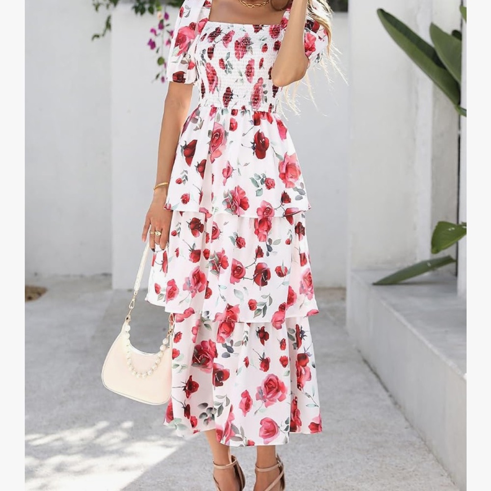 Elegant Floral Maxi Dress - Red and White